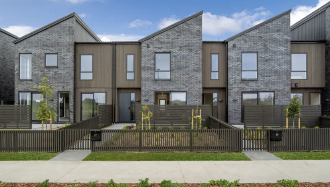 An elevation of the townhouses, from the middle of the row.